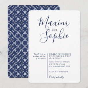 Invitation MINIMAL SCRIPT simple moderne mariage marine bleu