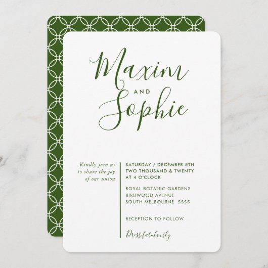 Invitation MINIMAL SCRIPT simple moderne mariage vert forêt (Devant / Derrière)