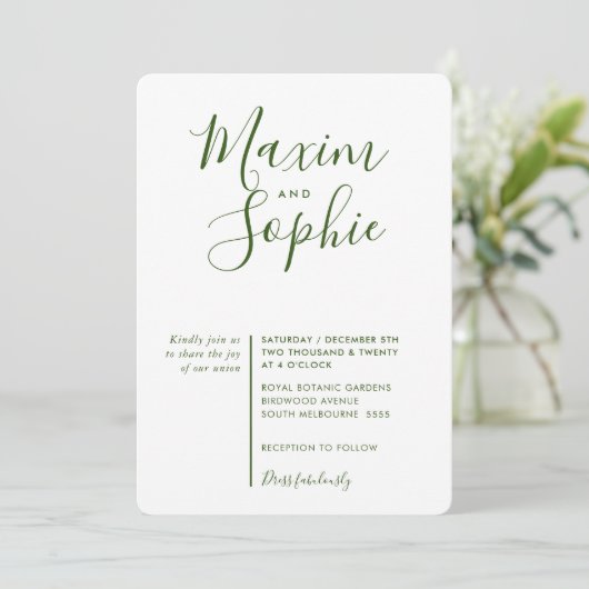 Invitation MINIMAL SCRIPT simple moderne mariage vert forêt (Debout devant)