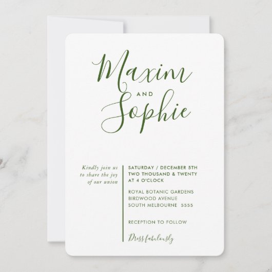 Invitation MINIMAL SCRIPT simple moderne mariage vert forêt (Devant)