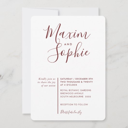 Invitation MINIMAL SCRIPT simple moderne mariage vin rouge fo (Devant)