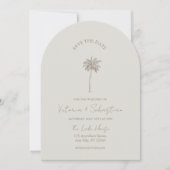 Invitation Minimal Taupe Palm Tree Beach Save The Date (Devant)