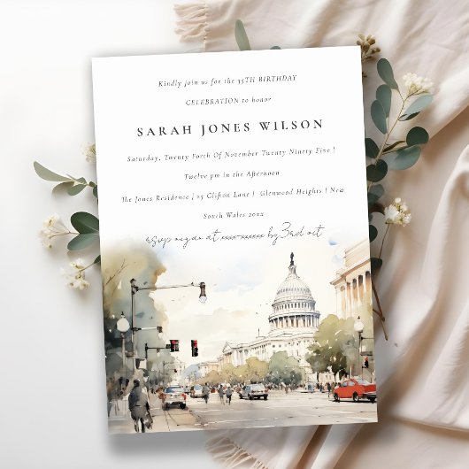 Invitation Minimal Washington DC, USA Aquarelle Anniversaire