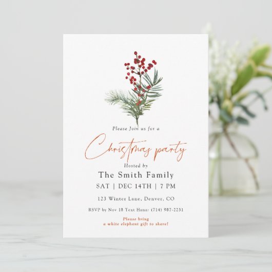 Invitation Minimal Watercolor Berry Christmas Party (Debout devant)