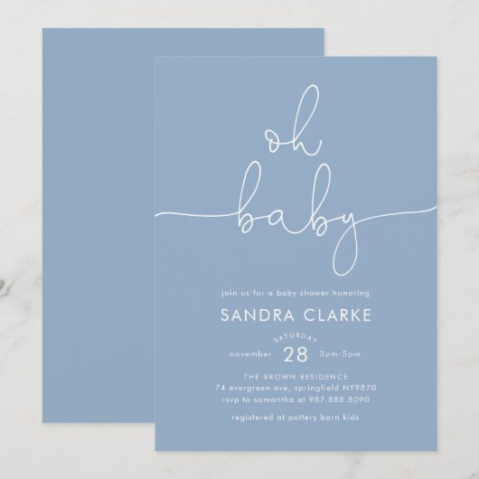 Invitation minimale et moderne de shower bébé bleu (Devant / Derrière)
