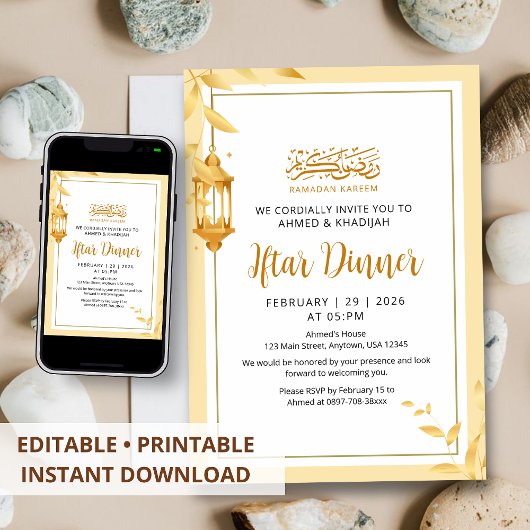 Invitation minimale pour Iftar avec cadre de feuil