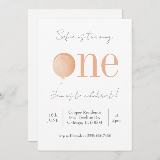 Invitation minimale pour le premier anniversaire (Devant / Derrière)