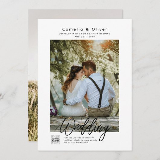 Invitation MINIMALISATION Mariage blanc et noir PHOTO CODE QR (Devant / Derrière)