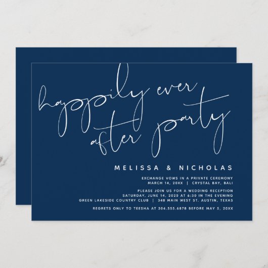 Invitation Minimalisme Bleu Nuit, Mariage Fuite de Noces (Devant / Derrière)