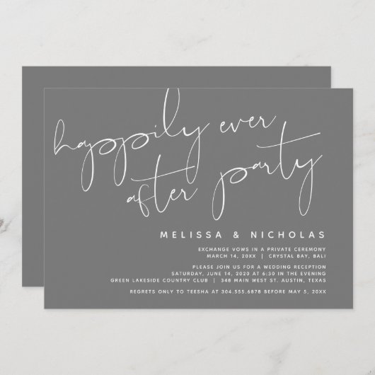 Invitation Minimalisme Gris foncé, Mariage Fuite de Noces (Devant / Derrière)