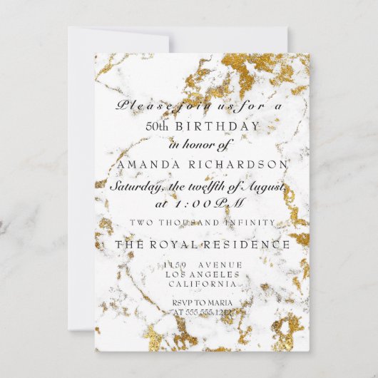 Invitation Minimalisme Gris Marbre blanc Or Anniversaire (Devant)