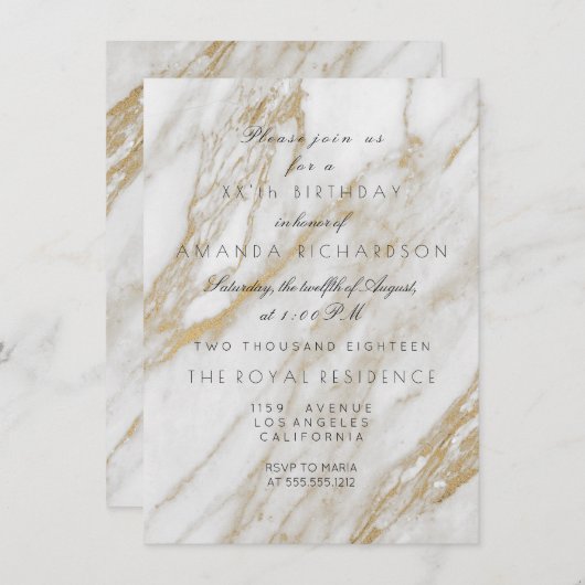 Invitation Minimalisme Gris Or Blanc Anniversaire Marbre (Devant / Derrière)
