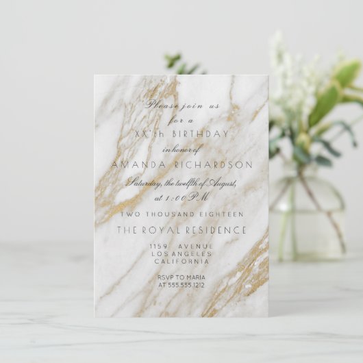 Invitation Minimalisme Gris Or Blanc Anniversaire Marbre (Debout devant)