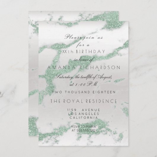 Invitation Minimalisme Marbre gris Marbre Argent Mint Green B (Devant / Derrière)