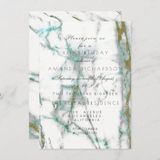 Invitation Minimalisme Vert Menthe Blanc Or Marbre Vert (Devant / Derrière)