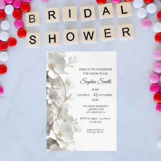 Invitation Minimalist 3D White Floral Elegant  Bridal Shower