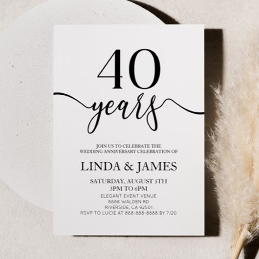 Invitation Minimalist Black White 40th Wedding Anniversary