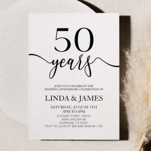 Invitation Minimalist Black White 50th Wedding Anniversary