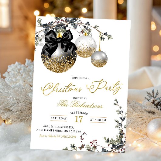 Invitation Minimalist Black White and Gold Christmas Party