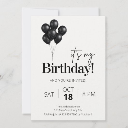 Invitation Minimalist Black & White Balloon Birthday (Devant)