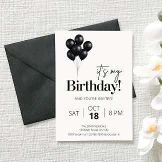 Invitation Minimalist Black & White Balloon Birthday