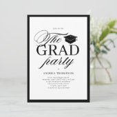 Invitation Minimalist Black White Script Grad Party Photo  (Debout devant)