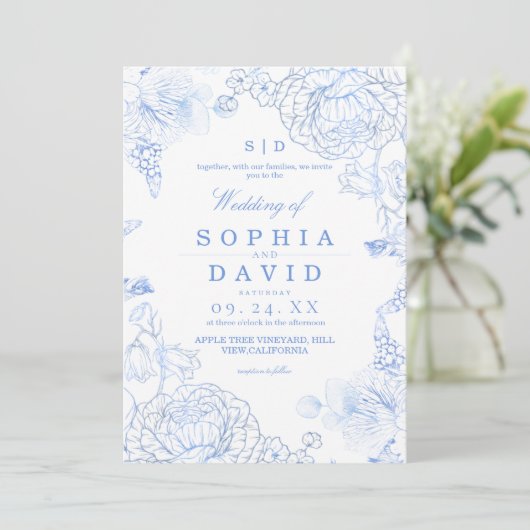 Invitation Minimalist Blue WildFlower Rustic Wedding (Debout devant)