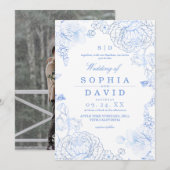 Invitation Minimalist Blue WildFlower Rustic Wedding (Devant / Derrière)
