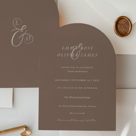 Invitation Minimalist Boho Cocoa Brown Ivory Script Wedding