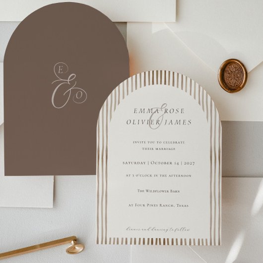 Invitation Minimalist Boho Cocoa Brown Stripes Ivory Wedding