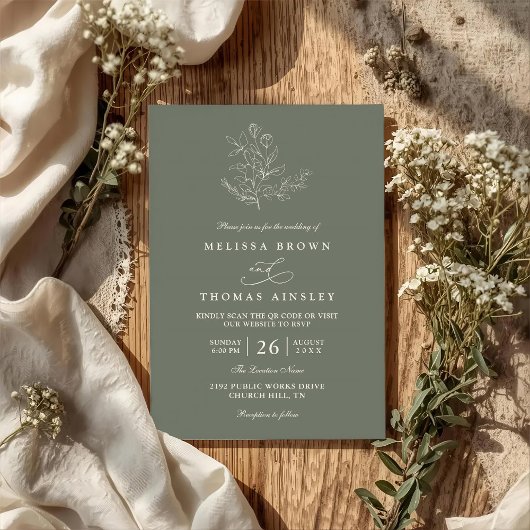 Invitation Minimalist Boho Floral Sage Modern QR Code Wedding