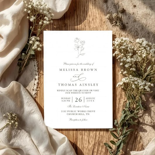 Invitation Minimalist Boho Sage Floral Modern QR Code Wedding