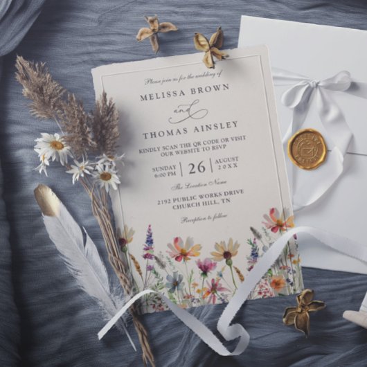 Invitation Minimalist Boho Wildflower Floral QR Code Wedding