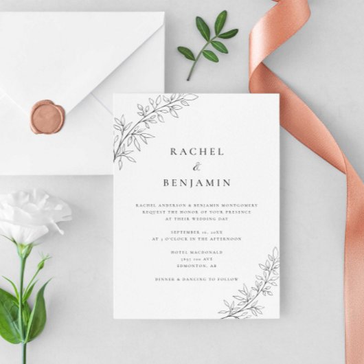 Invitation Minimalist Botanical Wedding Elegant Black White 