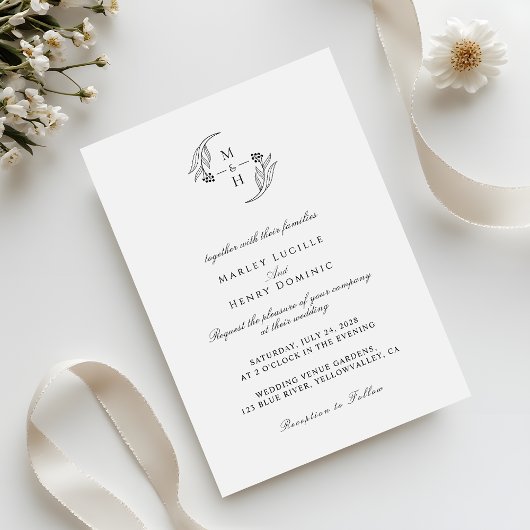 Invitation Minimalist botanical Wreath Monogram Wedding