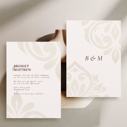 Invitation Minimalist Burgundy Cream Classic Damask Wedding