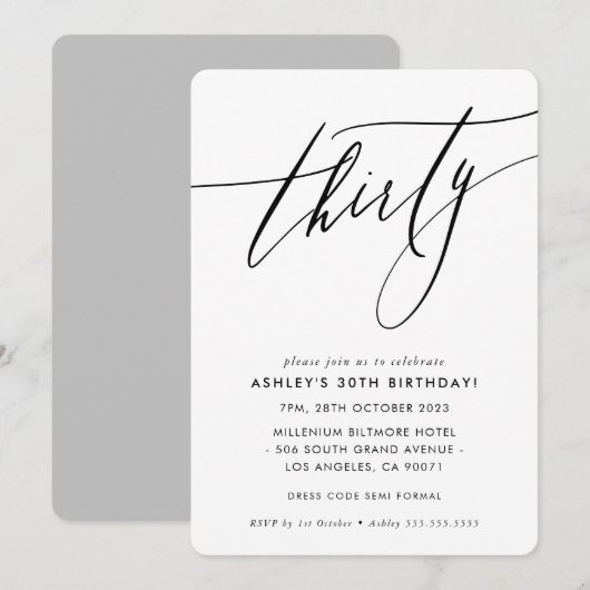 Invitation MINIMALIST Calligraphie chic 30e anniversaire (Devant / Derrière)