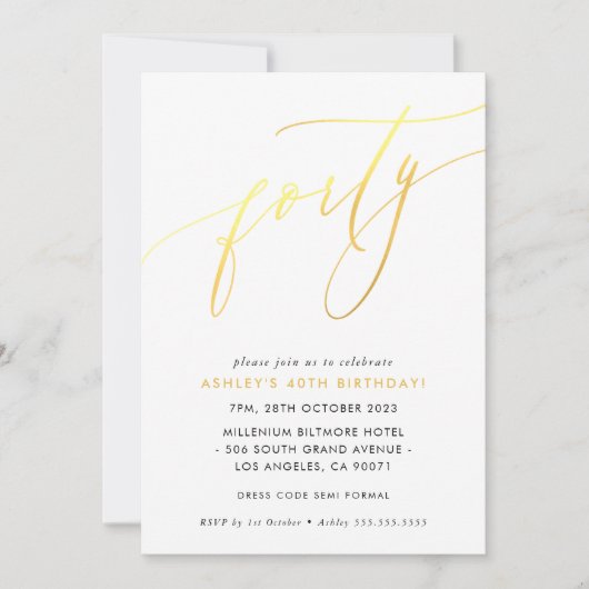 Invitation MINIMALIST Calligraphie chic or 40e anniversaire (Devant)
