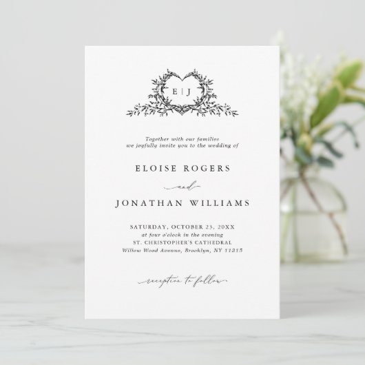 Invitation Minimalist Calligraphy Crest QR Code Chic Wedding (Debout devant)