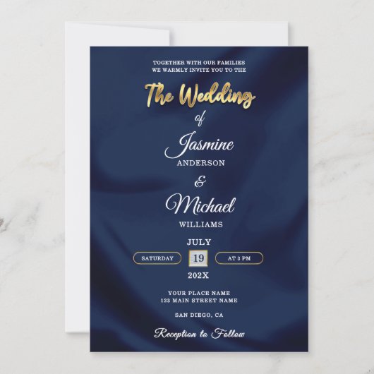 Invitation Minimalist Chic Navy & Gold Script Wedding Elegant (Devant)