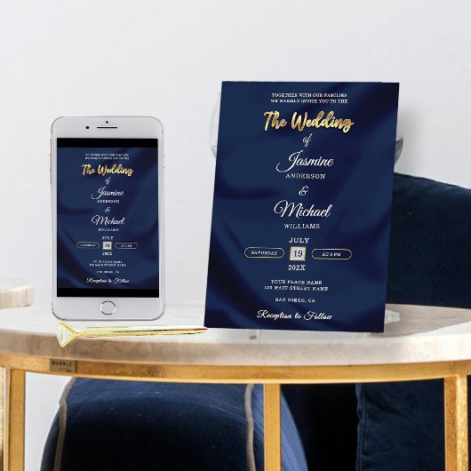 Invitation Minimalist Chic Navy & Gold Script Wedding Elegant