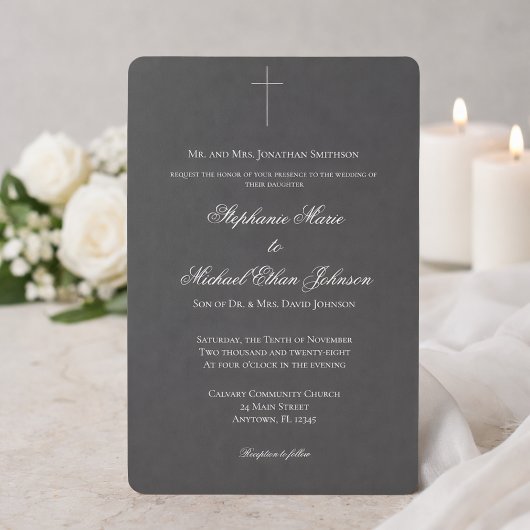 Invitation Minimalist Dark Cross Formal Church Wedding