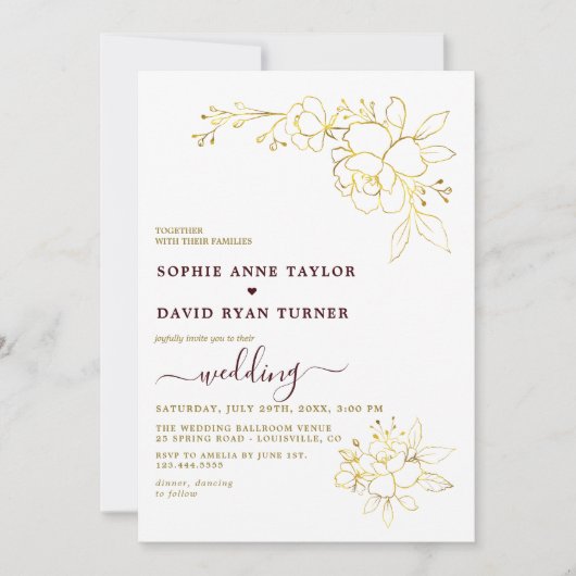 Invitation Minimalist Deep Burgundy Gold Simple Wedding (Devant)