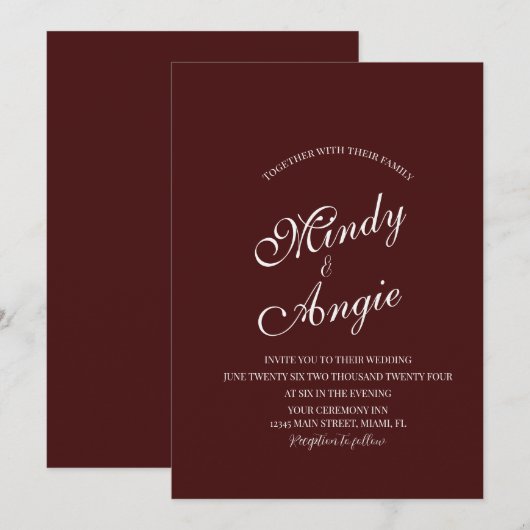 Invitation Minimalist Deep Burgundy Script Wedding (Devant / Derrière)