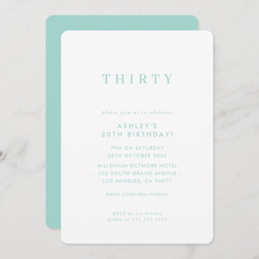 Invitation MINIMALIST design anniversaire chic menthe vert (Devant / Derrière)