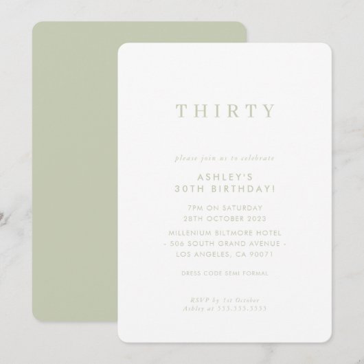 Invitation MINIMALIST design anniversaire chic moderne sauge (Devant / Derrière)