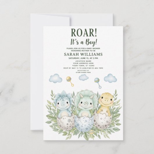 Invitation minimalist Dinosaur Baby Shower party boy Roar (Devant)