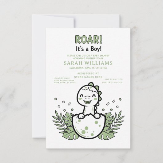 Invitation minimalist Dinosaur Baby Shower party boy Roar (Devant)