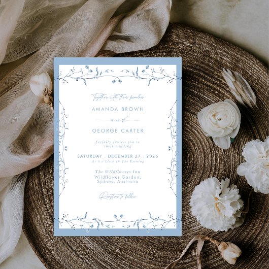 Invitation Minimalist Dusty Blue Chinoiserie Floral Wedding