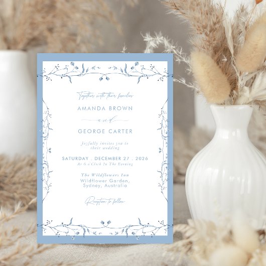 Invitation Minimalist Dusty Blue Chinoiserie Floral Wedding